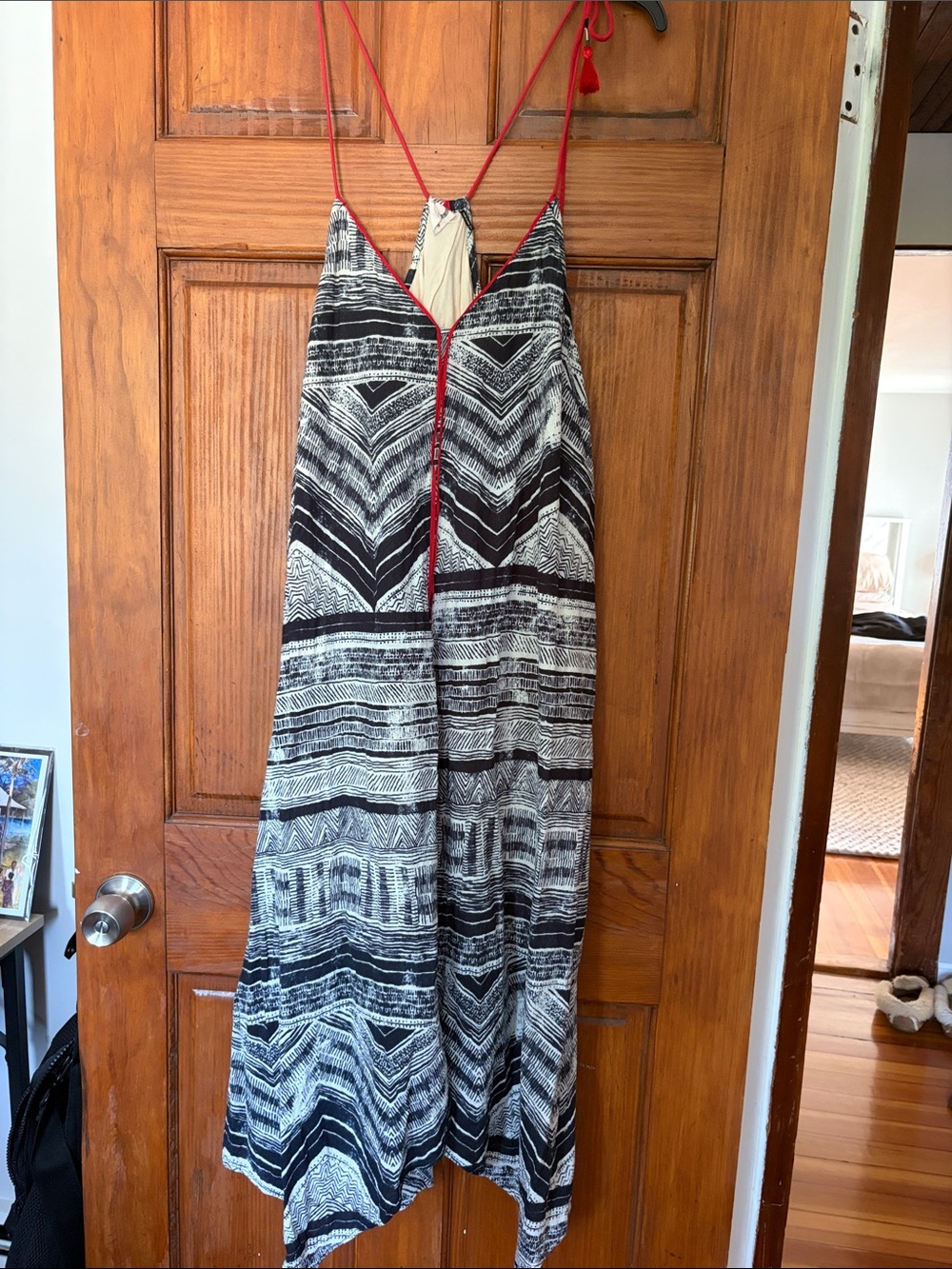 Black & White Patterned Maxi Dress with Red Trim